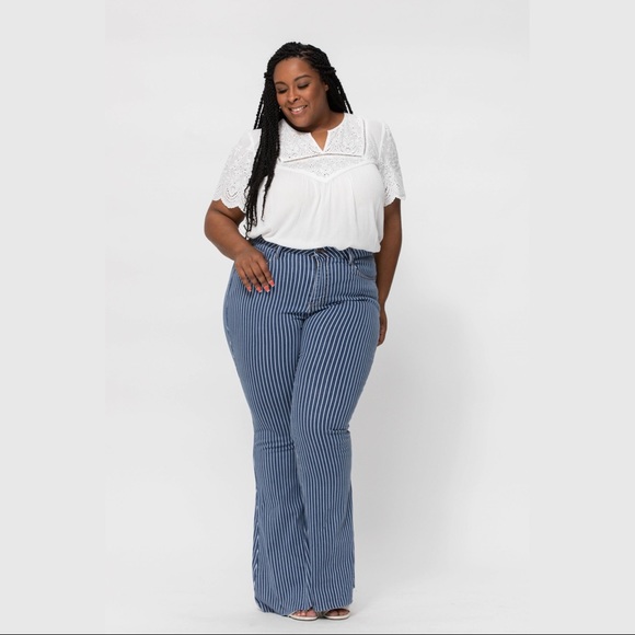 Last 1! 14W Judy Blue hi Waist Super Flare Pin Stripe Dark - Picture 2 of 13